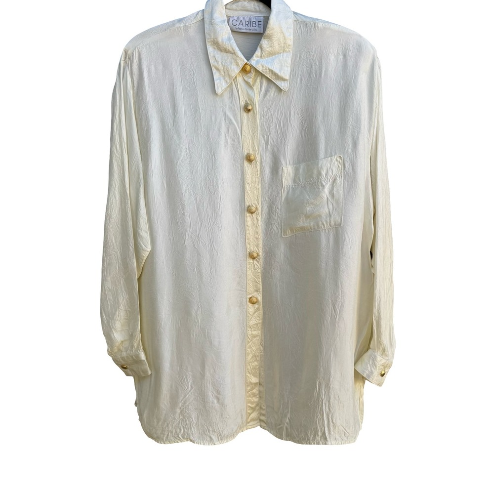 Caribe Vintage 90s Old Money Minimalist Crinkle Silk Feel Dressy Blouse Cream L